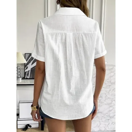 Women's Shirt Cotton Linen Shirts Button Up Blouse Solid Color Stylish Casual Short Sleeve Shirt Collar Regular Tops Daily Buttons White Blue Summer S - Image 5