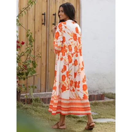 Women's Holiday Dress Loose Satin Maxi Maxi Dress Orange 3/4-Length Sleeve flowers and plants Flower / Plants Printing Spring Spring and Summer V Neck - Image 4