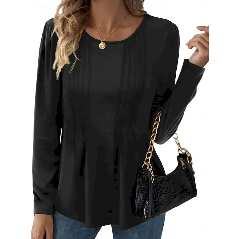 asmcrm1751609882518.webp Women's Blouse Solid Color Stylish Casual Long Sleeve Crew Neck Regular Tops Daily Ruched Black Red Purple Brown Beige Summer Spring Fall 2025 - Image 1
