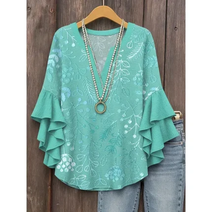 Women's Blouse V Neck Layered Ruffle Sleeve Tops Floral Graphic Leaf Vintage Daily Ethnic 3/4 Length Sleeve Regular Tops Daily Holiday Vacation Wear P - Image 5
