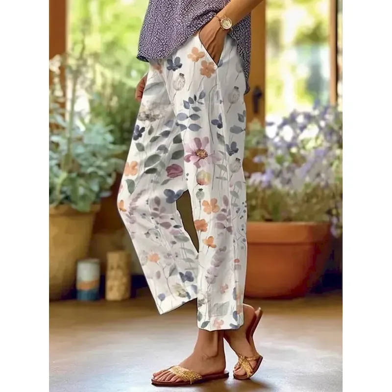 axvgdh1739353440918.webp Women's Cotton Linen Pants Baggy Pants Linen Like Fashion Streetwear Full Length High Waist Floral Graphic Printing Thermal Warm Breathable Soft Micro - Image 1