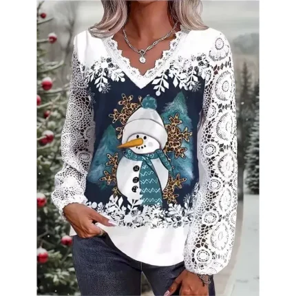 Christmas Women's Shirt Santa Claus Christmas Tree Snowflake Elegant Vintage Cute Long Sleeve V Neck Regular Tops Party Evening Wear Daily Holiday Con