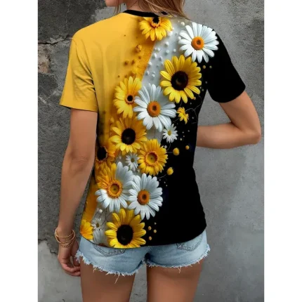 Women's T Shirt Floral Graphic Plants Vintage Stylish Classic Short Sleeve Crew Neck Round Neck Regular Tops Daily Print Black and White Yellow Blue P - Image 3