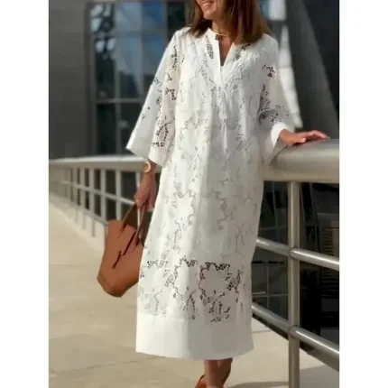 Women's Maxi Dress Shift Dress Summer Dress Casual Daily Regular Fit Plain 3/4 Length Sleeve Notched Neck White Summer 2025