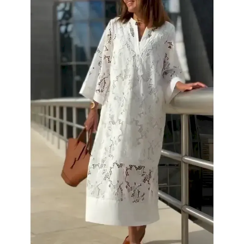 carthp1747391191133.webp Women's Maxi Dress Shift Dress Summer Dress Casual Daily Regular Fit Plain 3/4 Length Sleeve Notched Neck White Summer 2025 - Image 1