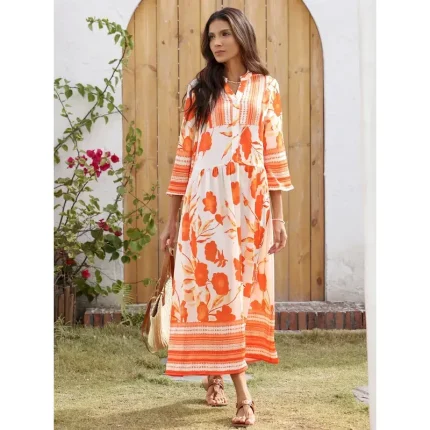 Women's Holiday Dress Loose Satin Maxi Maxi Dress Orange 3/4-Length Sleeve flowers and plants Flower / Plants Printing Spring Spring and Summer V Neck