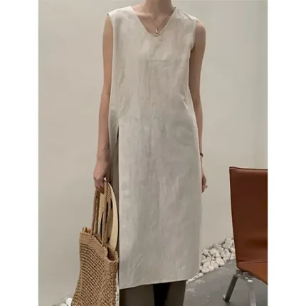 Women's Normal Midi Dress Linen Dress Stylish Casual Daily Beach Regular Fit Plain Sleeveless V Neck Black Apricot Summer 2025 - Image 4