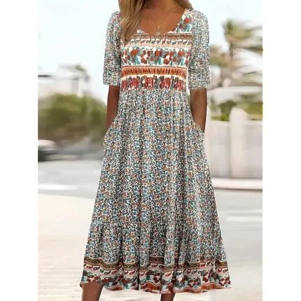 Women's Maxi Dress Casual Dress Swing Dress A Line Dress Boho Dress Casual Daily Fall Dress Regular Fit Floral Short Sleeve V Neck Black Red Navy Blue - Image 2