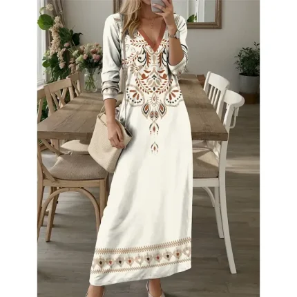 Women's Maxi Dress Casual Dress T Shirt Dress Tee Dress Floral Tribal Pocket Print V Neck Long Dress Maxi Dress Vintage Ethnic Date Vacation Long Slee