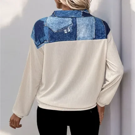 Women's Blouse 3D Daily Stylish Casual Long Sleeve High Neck Regular Tops Work Daily Resort Wear Patchwork 3D Print Print off white Spring Fall Winter - Image 3