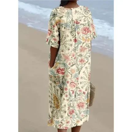 Women's Midi Dress Sundress A Line Dress Linen Vacation linen like Casual Beach Going out Loose Fit Floral Graphic Short Sleeve V Neck Light Yellow Li - Image 3