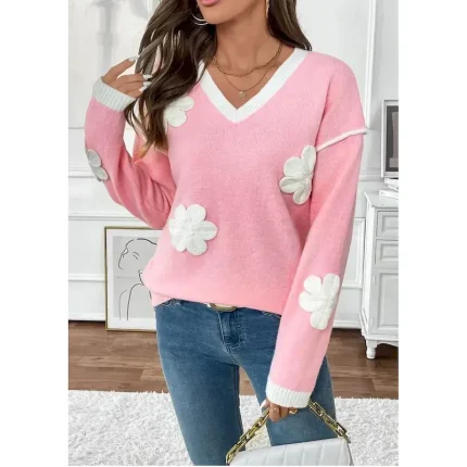Women's Sweater Crew Neck Knit Embroidery Spring Fall Elegant 3/4 Length Sleeve Solid Color Pink 2025 - Image 4