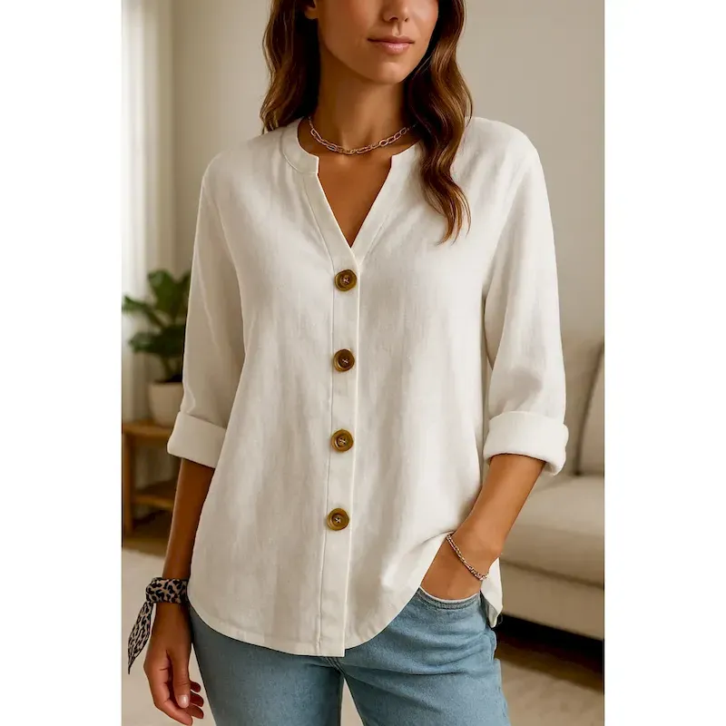 fjzhrl1745388034739.webp Women's Button Up Cotton Linen Shirt Plain Basic Modern Long Sleeve V Neck Regular Tops Daily Buttons White Summer 2025 - Image 1