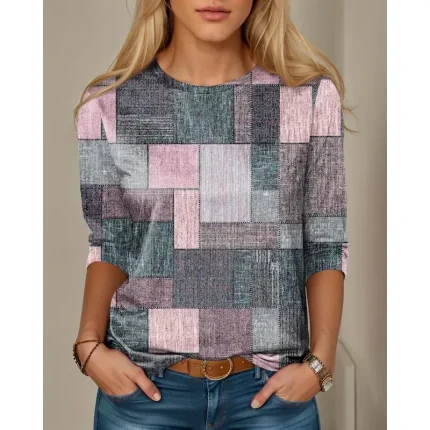 Women's T shirt Crew Neck Long Sleeve Tunic Floral Geometric Plaid Print Regular Tops Round Neck Daily Weekend Pink Green Spring & Fall 2025 - Image 4
