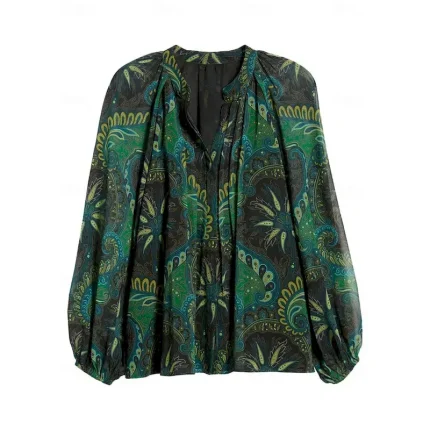 Women's Paisley Print Chiffon Peasant Top Lantern Sleeve Casual Long Sleeve V Neck Shirt Blouse for Spring 2025 - Image 4