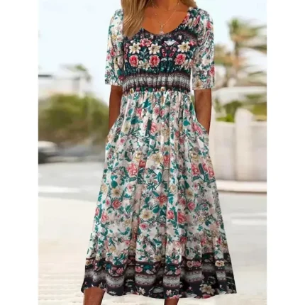 Women's Maxi Dress Casual Dress Swing Dress A Line Dress Boho Dress Casual Daily Fall Dress Regular Fit Floral Short Sleeve V Neck Black Red Navy Blue