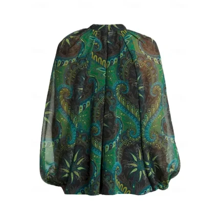 Women's Paisley Print Chiffon Peasant Top Lantern Sleeve Casual Long Sleeve V Neck Shirt Blouse for Spring 2025 - Image 5