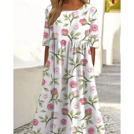 Women's Midi Dress Casual Dress Floral Dress Classic Modern Outdoor Vacation Daily Regular Fit Flower Short Sleeve Crew Neck Yellow Pink Purple Green - Image 3