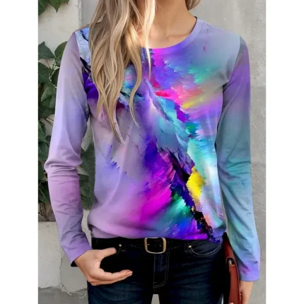 Women's T shirt Crew Neck Long Sleeve Tunic Color Gradient Casual  Regular Tops Daily Print Purple Spring Fall 2025