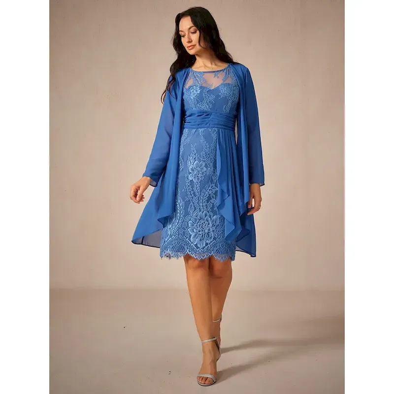 gvxcuj1754811739856.webp Women's Wedding Guest Jacket Dress Lace Dress Chiffon Dress Cocktail Dresses Formal Dresses Cardigan Ruched Long Sleeve Cocktail Party Blue Spring Sum - Image 1