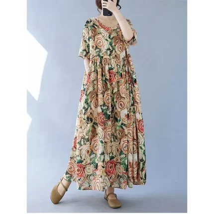 Women's Maxi Dress Cotton Linen Dresses Vintage Dress Swing Dress Cotton Maxi Dress Basic Casual Vacation Daily Regular Fit Floral Short Sleeve Crew N