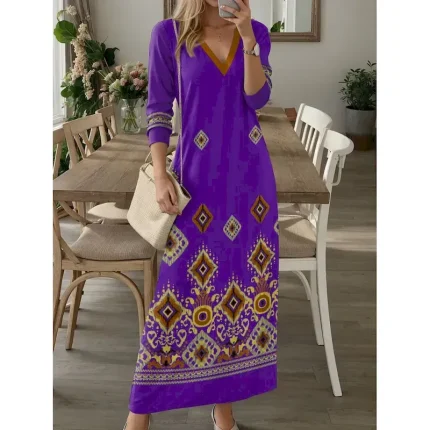 Women's Maxi Dress Casual Dress T Shirt Dress Tee Dress Floral Tribal Pocket Print V Neck Long Dress Maxi Dress Vintage Ethnic Date Vacation Long Slee - Image 5