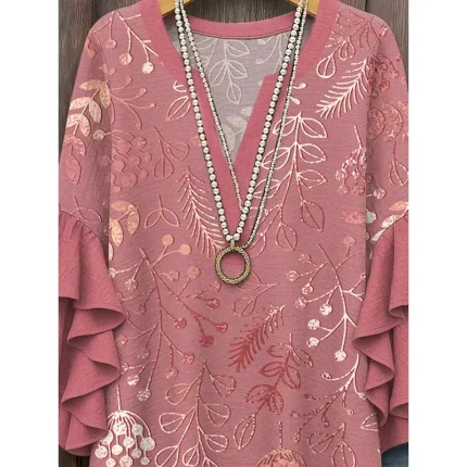 Women's Blouse V Neck Layered Ruffle Sleeve Tops Floral Graphic Leaf Vintage Daily Ethnic 3/4 Length Sleeve Regular Tops Daily Holiday Vacation Wear P - Image 4