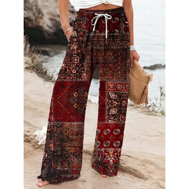 iuehcx1744770074495.webp Women's Wide Leg Chinos Baggy Pants Vacation Vintage Fashion Full Length High Waist Graphic Geometric Drawstring Patchwork Printing Soft Breathable Mi - Image 1