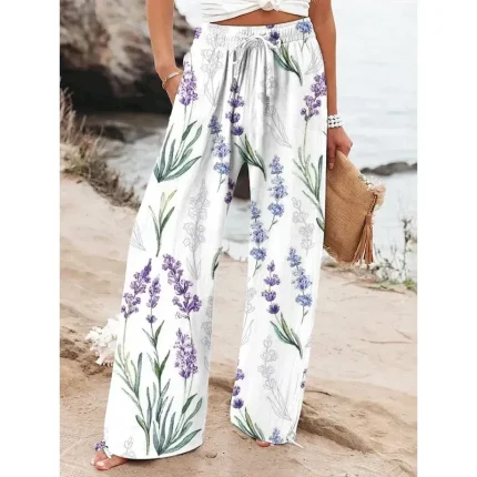Women's Wide Leg Baggy Pants Beach Shorts Vacation Vintage Fashion Full Length High Waist Graphic Flower / Floral Drawstring Printing Soft Breathable - Image 4