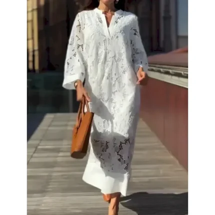 Women's Maxi Dress Shift Dress Summer Dress Casual Daily Regular Fit Plain 3/4 Length Sleeve Notched Neck White Summer 2025 - Image 4