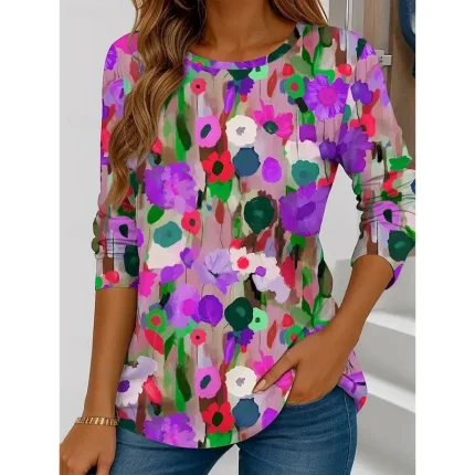 Women's T shirt Crew Neck Long Sleeve Tunic Floral Graphic Vintage Stylish Casual  Regular Tops Daily Weekend Print Red Blue Purple Green Summer 2025 - Image 4