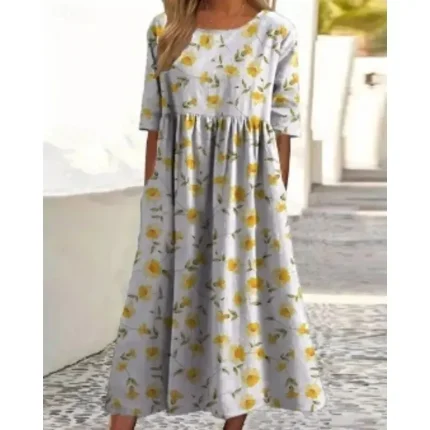 Women's Midi Dress Casual Dress Floral Dress Classic Modern Outdoor Vacation Daily Regular Fit Flower Short Sleeve Crew Neck Yellow Pink Purple Green - Image 4