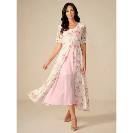 Women's Wedding Guest Cocktail Dress Floral Lace Button V Neck Maxi Dress Elegant Stylish Party Short Sleeve Summer 2025 - Image 3