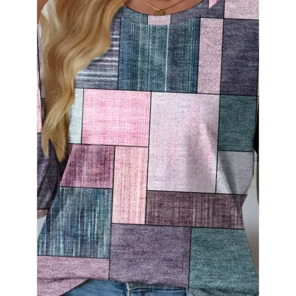 Women's T shirt Crew Neck Long Sleeve Tunic Floral Geometric Plaid Print Regular Tops Round Neck Daily Weekend Pink Green Spring & Fall 2025 - Image 3