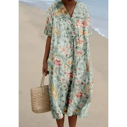 Women's Midi Dress Sundress A Line Dress Linen Vacation linen like Casual Beach Going out Loose Fit Floral Graphic Short Sleeve V Neck Light Yellow Li - Image 5
