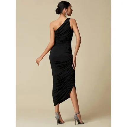 Black Elegant Party/Wedding Guest Ruched Sleeveless One Shoulder Elegant Midi Dress dress to impress 2024 2025 - Image 3