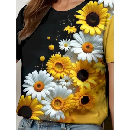 Women's T Shirt Floral Graphic Plants Vintage Stylish Classic Short Sleeve Crew Neck Round Neck Regular Tops Daily Print Black and White Yellow Blue P - Image 4