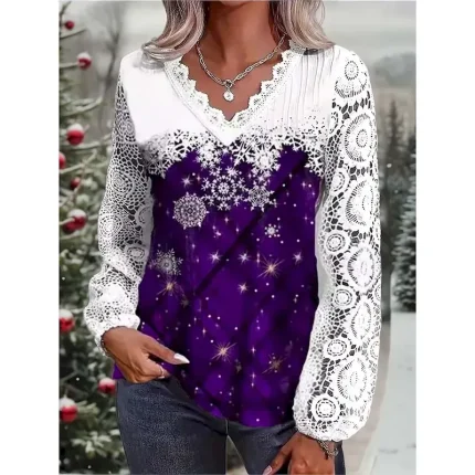 Christmas Women's Shirt Santa Claus Christmas Tree Snowflake Elegant Vintage Cute Long Sleeve V Neck Regular Tops Party Evening Wear Daily Holiday Con - Image 3