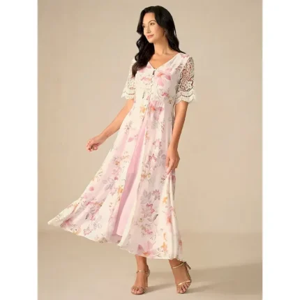 Women's Wedding Guest Cocktail Dress Floral Lace Button V Neck Maxi Dress Elegant Stylish Party Short Sleeve Summer 2025 - Image 4