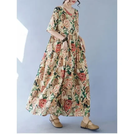 Women's Maxi Dress Cotton Linen Dresses Vintage Dress Swing Dress Cotton Maxi Dress Basic Casual Vacation Daily Regular Fit Floral Short Sleeve Crew N - Image 5