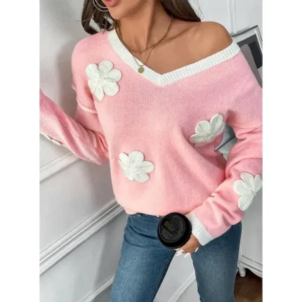Women's Sweater Crew Neck Knit Embroidery Spring Fall Elegant 3/4 Length Sleeve Solid Color Pink 2025
