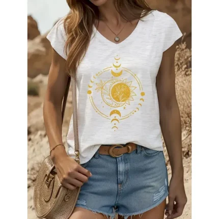 Women's Camisole Tank Top Graphic Geometric Moon Vintage Stylish Casual Sleeveless V Neck Regular Tops Daily Print Black White Red Light Brown Blue Su