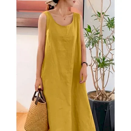 Women's Maxi Dress Cotton Linen Dresses Basic Casual Vacation Daily Regular Fit Plain Sleeveless Crew Neck Yellow Navy Blue Green Summer 2025 - Image 5