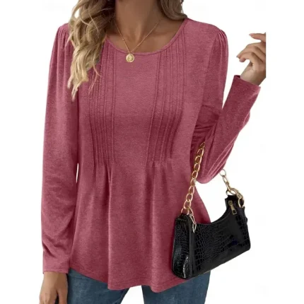 Women's Blouse Solid Color Stylish Casual Long Sleeve Crew Neck Regular Tops Daily Ruched Black Red Purple Brown Beige Summer Spring Fall 2025 - Image 3