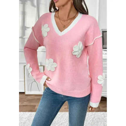 Women's Sweater Crew Neck Knit Embroidery Spring Fall Elegant 3/4 Length Sleeve Solid Color Pink 2025 - Image 3