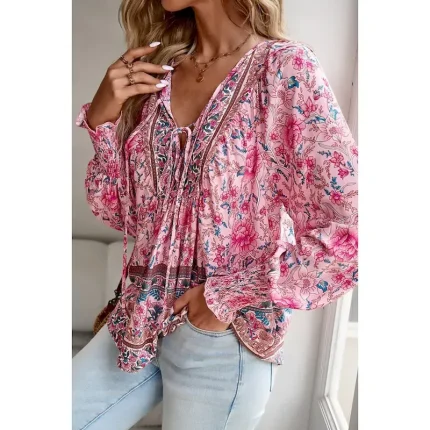 Women's Shirt Blouse Flower Daily Stylish Casual Long Sleeve V Neck Regular Tops Daily Holiday Print Pink Navy Blue Blue Apricot Spring 2025