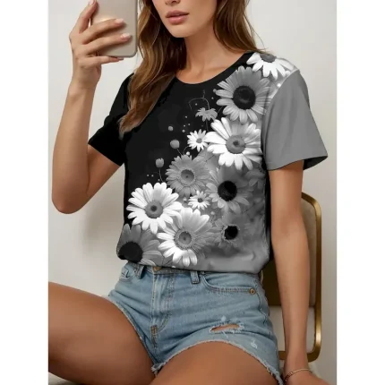 Women's T Shirt Floral Graphic Plants Vintage Stylish Classic Short Sleeve Crew Neck Round Neck Regular Tops Daily Print Black and White Yellow Blue P - Image 5