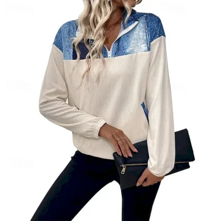 Women's Blouse 3D Daily Stylish Casual Long Sleeve High Neck Regular Tops Work Daily Resort Wear Patchwork 3D Print Print off white Spring Fall Winter - Image 4