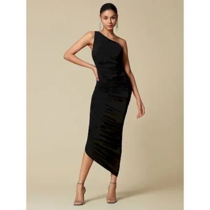 Black Elegant Party/Wedding Guest Ruched Sleeveless One Shoulder Elegant Midi Dress dress to impress 2024 2025 - Image 5