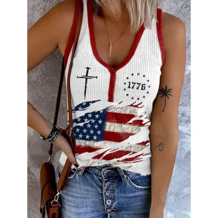 Women's Patriotic  Camisole Tank Top Graphic Flag Vintage Stylish Casual Sleeveless V Neck Regular Tops Daily Print Black White Summer Spring 2025 - U - Image 2